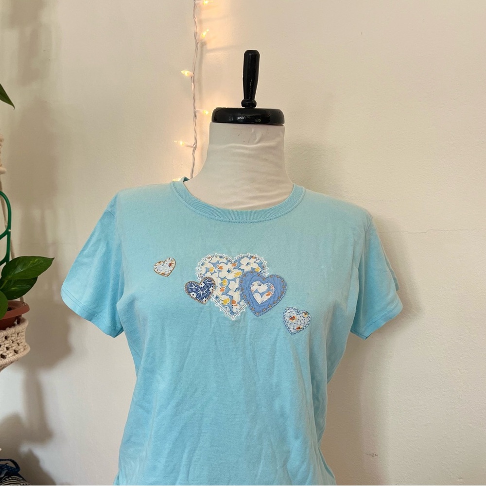 Light Blue Embroidered Heart Pattern Short Sleeve Tee Full Length